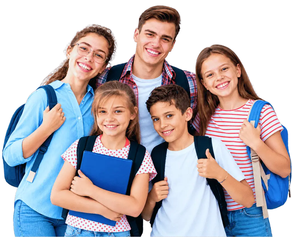 Zdravšie školy pre zdravšiu generáciu: usmiati školáci s batohmi a knihami